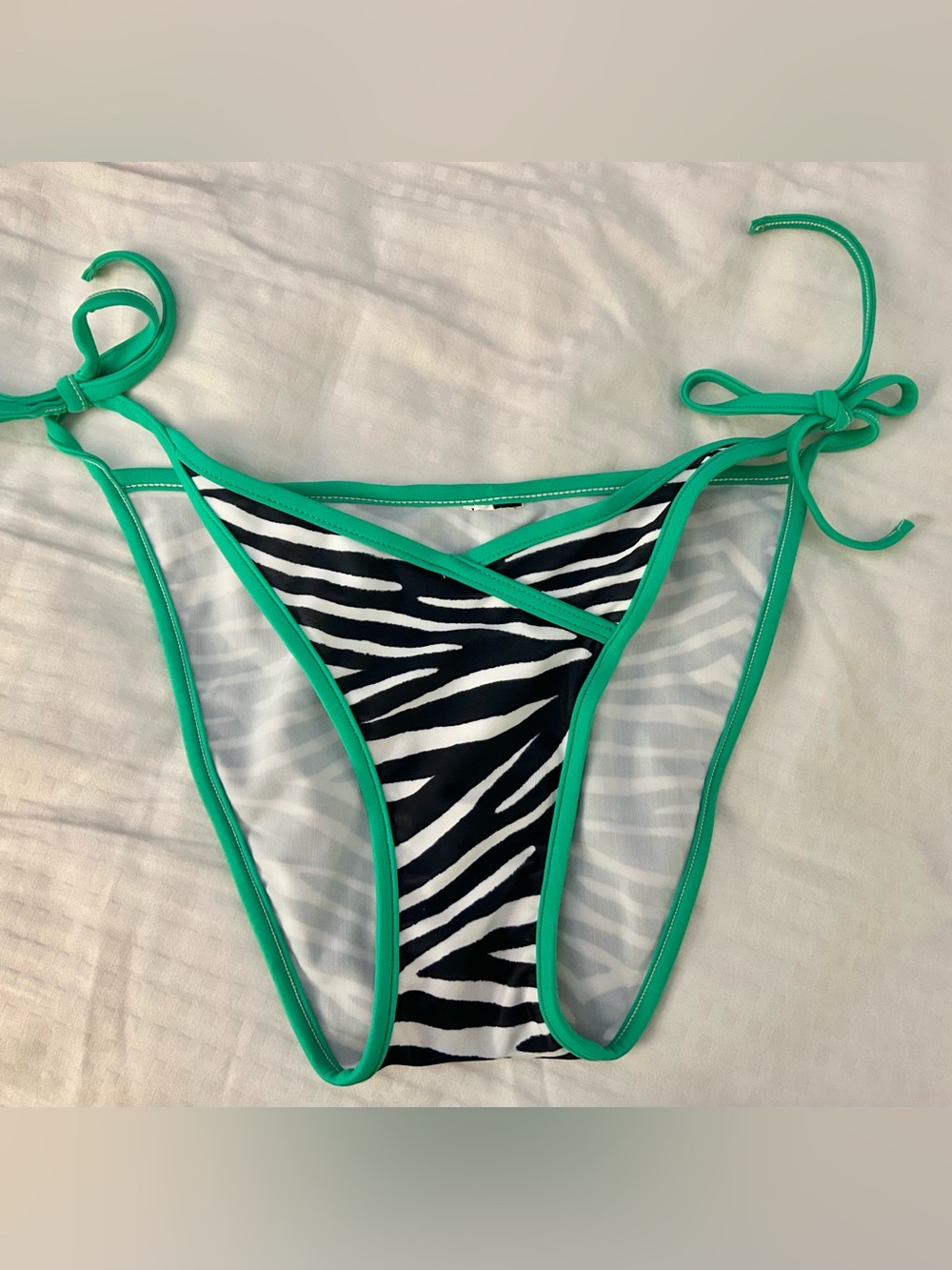 Zebra Print String Bikini Bottom with Emerald Green Trim Size M